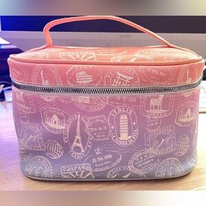 Ombré cosmetic world passport stamp traveling case pink purple teal